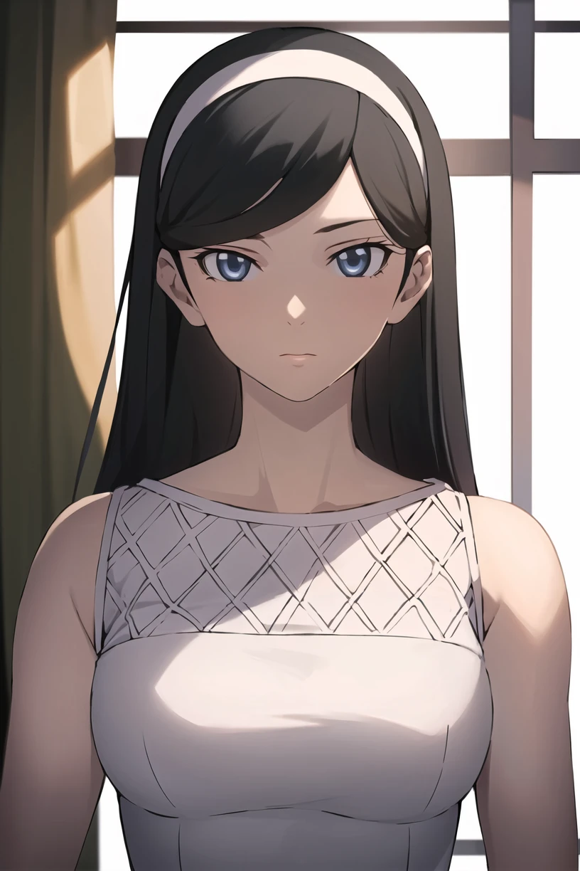 best quality,masterpiece,looking at viewer,absurdres,1girl,
depth of field,kumashiro maya,black hair,hairband,blue eyes,breasts,<lora:009-ä¸çºªæ«è¶
èªç¶å¦é¢-ç¥ä»£çé
V4-000010:0.7>,thighhighs, white dress, bare shoulders, bracelet, black thighhighs