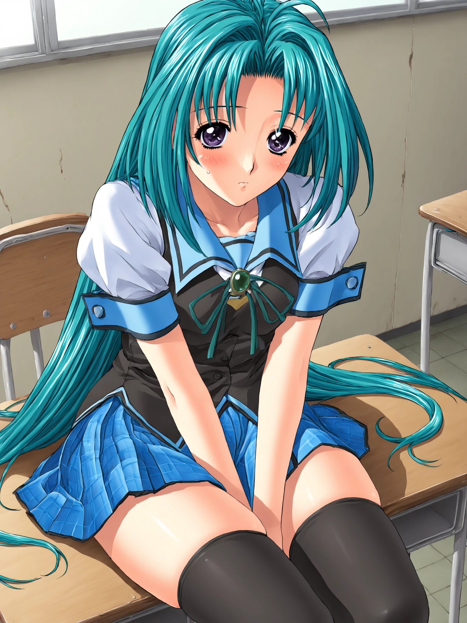 Best Quality, masutepiece, 超A high resolution, (Photorealistic: )2D official style cel animation Pretty Cure Wind、High school students、Lift the shirt Skirt Pulling Up open one's legs stairway Crouching frontage black miniskirt with white lines girl with 校服 Light blue lace bra You can see the light blue lace panties A dark-haired Taller twin tails big breasts teats