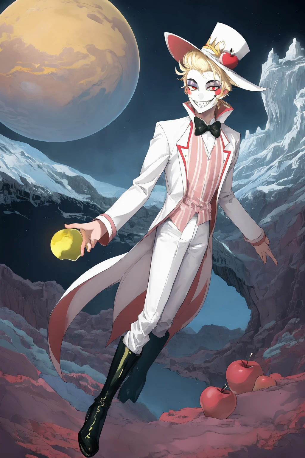 (masterpiece), best quality, (perfect face, blush stickers, grin, sharp teeth, colored skin, makeup), 1boy, male focus, solo, (blonde hair, short hair), (top hat, apple, hat, white headwear), (white coat, long sleeves, striped shirt, suit, bowtie, boots, full body), (red eyes, yellow sclera, colored sclera,) <lora:Lucifer-003:0.8> ,(Alien planet landscape background:1.2)