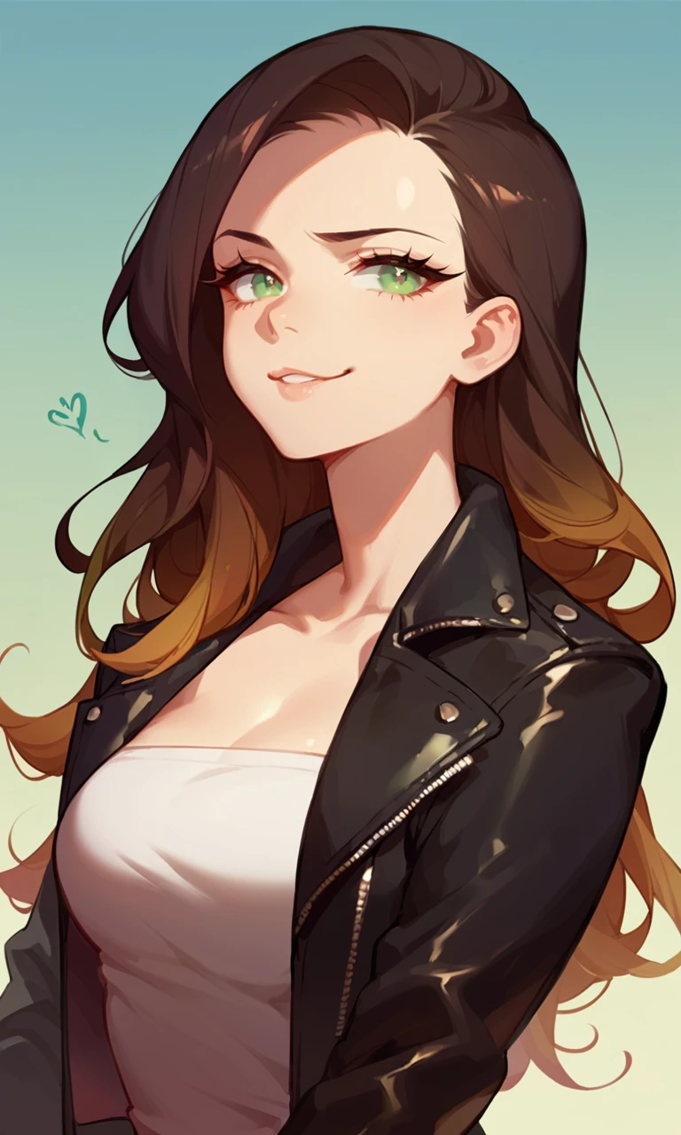 score_9, score_8_up, score_7_up, score_6_up, ,
1girl, beautiful, long hair, dark brown hair, gradient hair, leather jacket, green eyes, smug, ..., <lora:PulenKompot-ASK_Style_PONYXL:0.8> ask