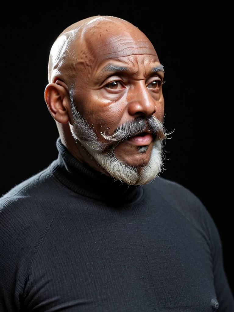 indoors. solo plump dark-skinned male focus , older, beard + moustache, bald, turtleneck, dark black background
 <lora:Natural_Bodies-v1e4:1>