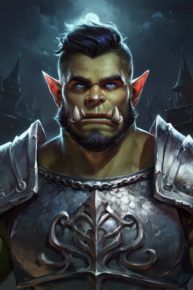 score_9, score_8_up, score_7_up, rating_safe, concept art, digital art, realistic, 1boy, solo, male focus, mature male, orc, green skin, tusks, blue eyes, short hair, black hair, facial hair, beard, mustache, looking at viewer, armor, shoulder armor, breastplate, pauldrons, chainmail, upper body, closed mouth, standing, outdoors, night, night sky, dark background <lora:Concept Art Ultimatum Style LoRA_Pony XL v6:1>