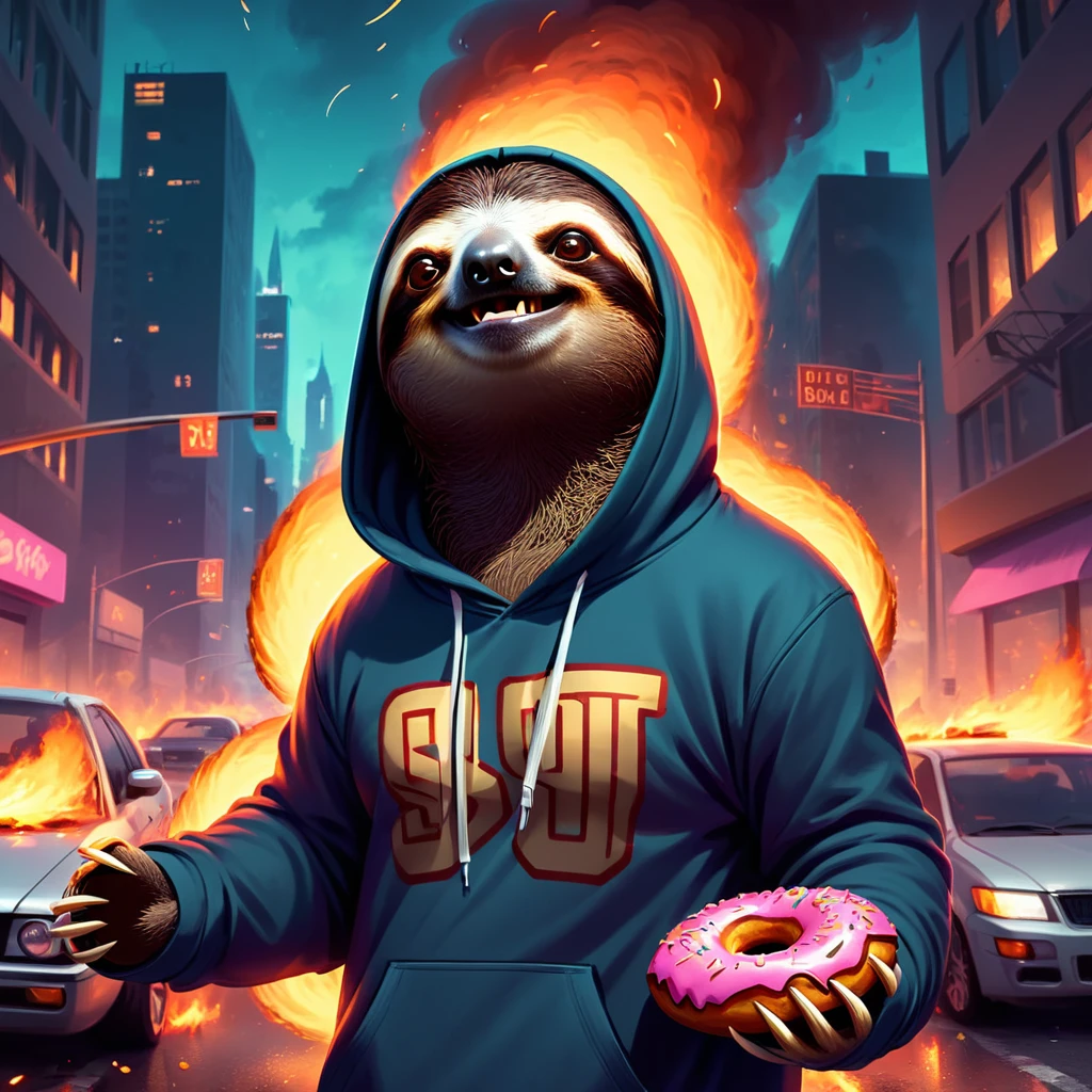 concept art <lora:sl0th-000007:0.7> , sloth wearing hoodie, throwing donuts, riot in city, burning cars, at night, dramatic lighting, digital artwork, illustrative, painterly, matte painting, highly detailed
