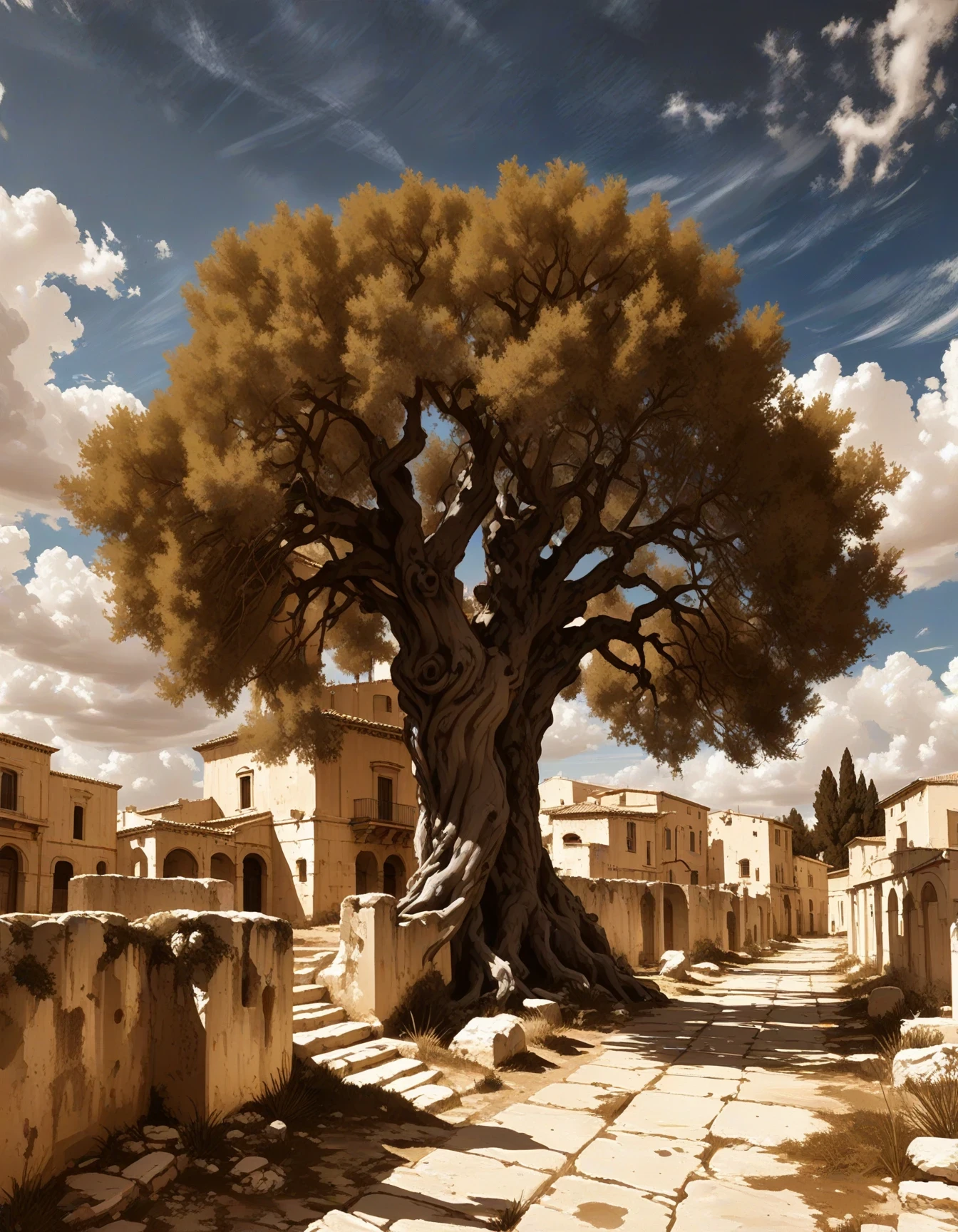 noon, blue sky, clouds, architecture,  Classic Academia Ancient olive tree grove