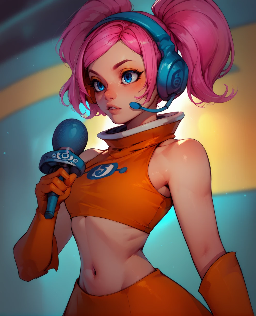 score_9,score_8_up,score_7_up,
ulala,pink hair,blue eyes,twintails,
orange top,navel,headphones,bare shoulders,orange elbow gloves,
numbered shirt,upper body,holding microphone,
navel,short orange skirt,
new station,
<lora:ulala:1>,