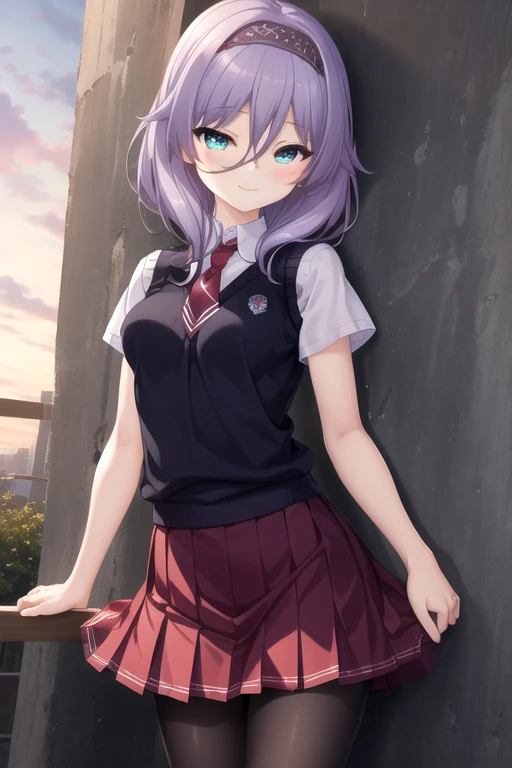 ((masterpiece)),(best quality),official art,extremely detailed CG,unity 8k wallpaper,ultra detailed,beautiful detailed eyes,extremely detailed face,outdoors,1girl,solo,cowboy shot,looking at viewer,facing viewer,(petite:1.3),smile,Ayazuki Haruka,long hair,light purple hair,black hairband,hair intakes,hair between eyes,bangs,aqua eyes,school uniform,sweater vest,red necktie,collared shirt,white shirt,puffy short sleeves,large breasts,underbust,red skirt,pleated skirt,black pantyhose,loafers,<lora:Ayazuki Haruka(hsr):0.9>,
