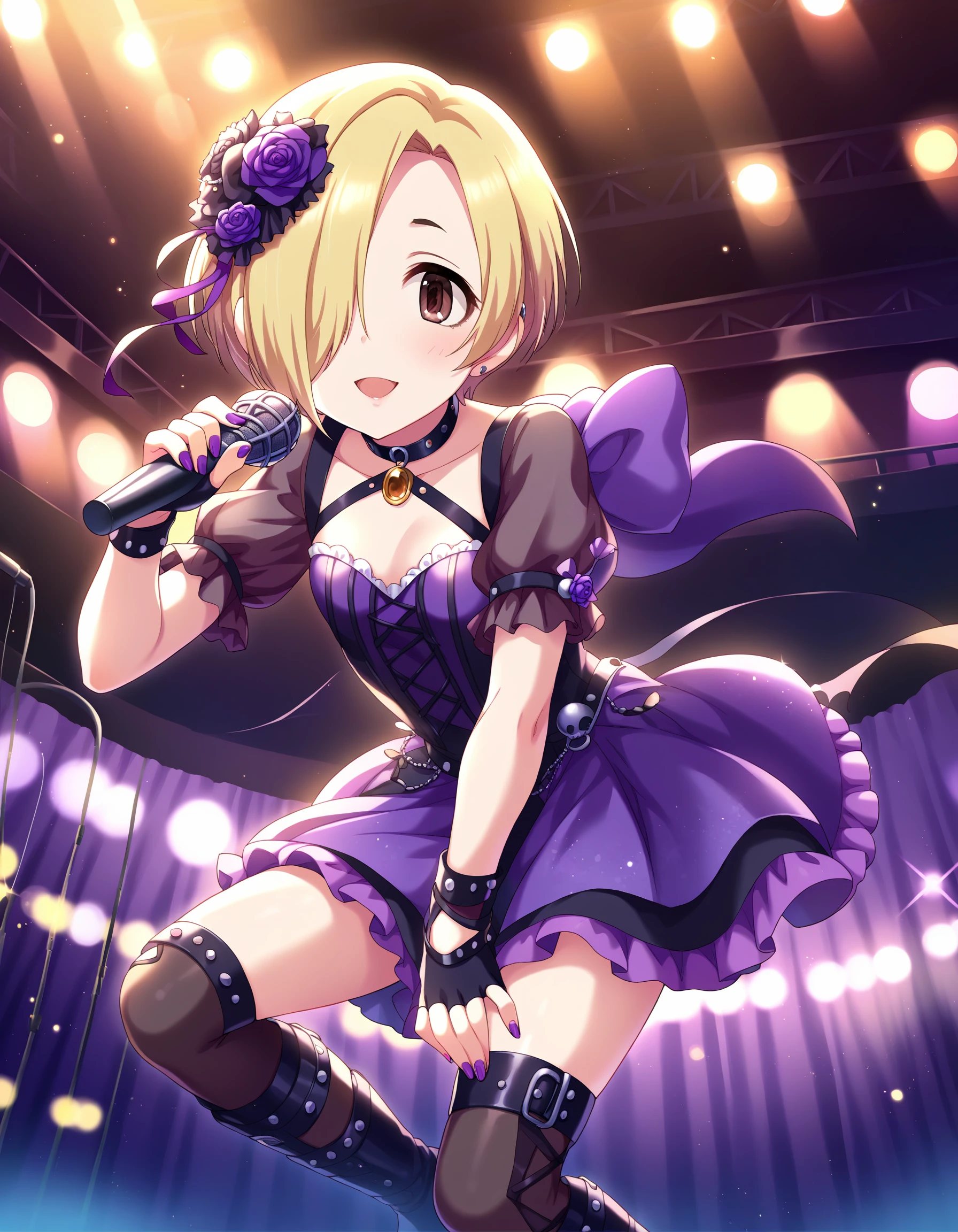 score_9, score_8_up, score_7_up, source_anime,
pinup of 1girl, solo, idol concert, singing, holding microphone, looking at viewer, stage, gothic theme, purple curtain, black wall, grave, stage lights, spotlight,
<lora:ShirasakaKoume_pony_v1:0.9>
srskkum, short hair, blonde hair, hair over one eye, brown eyes, flat chest, small breasts,
idol costume, black dress, purple dress, short sleeves, gold embroidery, hair hair ornament, hair flower, miniskirt, black thighhighs, zettai ryouiki, knee boots, choker, purple ribbon,fingerless gloves, nail polish,
detailed eyes, eye reflection,
