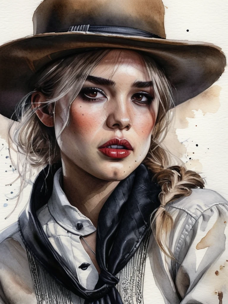 <lora:SadieAdler:1.2>, SadieAdler, braided blonde hair, wearing a brown leather duster coat, a white shirt, a black neckerchief, black trousers, black leather chaps, dark brown boots and a bandolier, and a dark brown hat, , Positiv Clip L
style of Casey Baugh, watercolor, ink mix, Full shot of a,
Positive Clip G
style of Casey Baugh, watercolor, ink mix, Full shot of an award-winning photography, an impressive Full shot of the face that captivates the viewer. Her pale, porcelain-like skin appears almost supernatural, while her dark eyes exude depth and penetration. The fine details of her face are accentuated by the interplay of light and shadow, highlighting her distinctive features. The dark lips lend a mysterious sensuality to her expression. This close-up captures the intensity and captivating allure of Gothic aesthetics in a single moment
---------