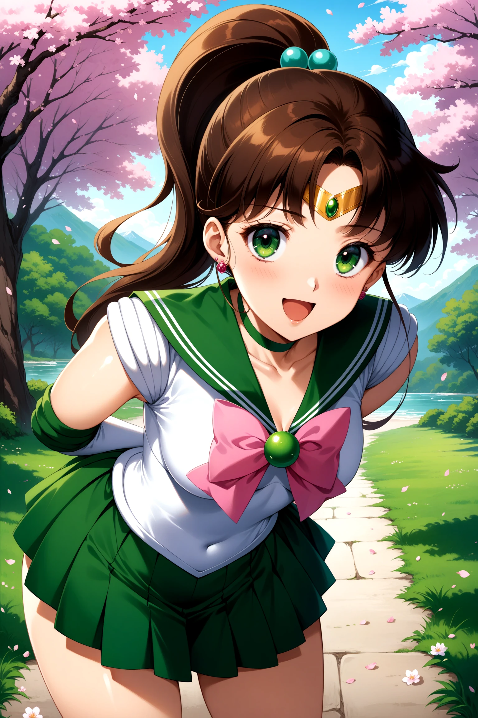 Highest quality, Great quality, 16K, Unbelievably absurd, Very detailed, 2.5D, delicate and dynamic, (Sailor Jupiter), Small face, Very delicate facial expressions, Delicate eye depiction, Very fine hair, (1 female), erotic, Sexy Woman, Muscular, Height: 175cm, Light brown long hair,ponytail、 Sexy long legs,  sailor senshi uniform, Makoto Kino, 独奏, skirt, brown hair, green sailor collar, green eyes, green choker, outdoors, gloves, green skirt, sailor collar, white gloves, bow, jewelry, boots, hair ornament, choker, elbow gloves, ponytail, sky, earrings, green footwear, day, magical girl,Glowing Skin,1990s \(style\),、(F cup beautiful big breasts)、tall、Cinema Lighting, (完璧なGlowing Skin:0.6),Always high quality CG Unity 8K wallpaper、smile