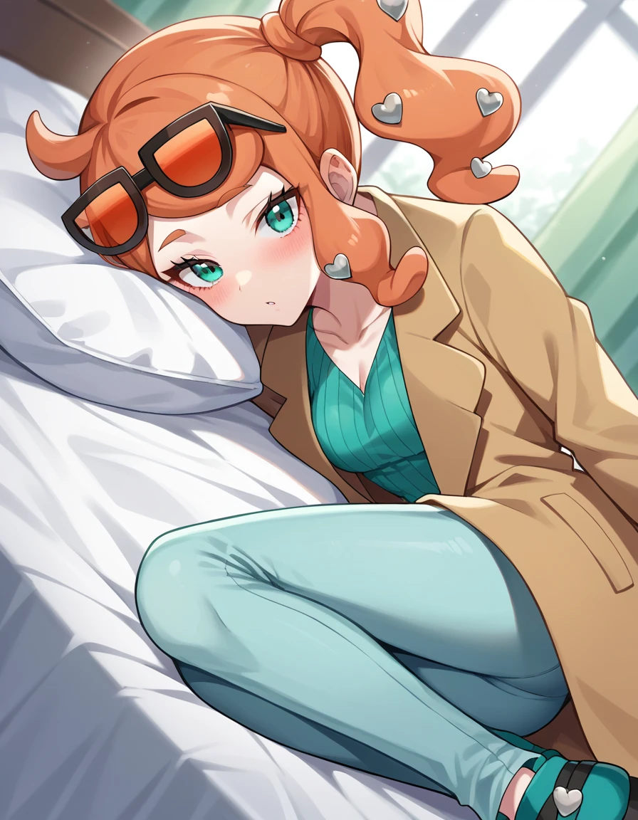 score_9, score_8_up, score_7_up, source_anime,
pokemonsonia, <lora:pokemon-sonia-ponyxl-lora-nochekaiser:1>
pokemonsonia, aqua eyes, heart, heart hair ornament, long hair, long sleeves, orange hair, side ponytail, swept bangs,
aqua footwear, aqua nails, aqua shirt, brown coat, brown jacket, coat, collarbone, eyewear on head, jacket, long sleeves, orange-tinted eyewear, pants, ribbed shirt, shirt, sunglasses, tinted eyewear,
indoors, bed, bed room, on side, blush, drunk,
looking at viewer, cowboy shot, dutch angle,