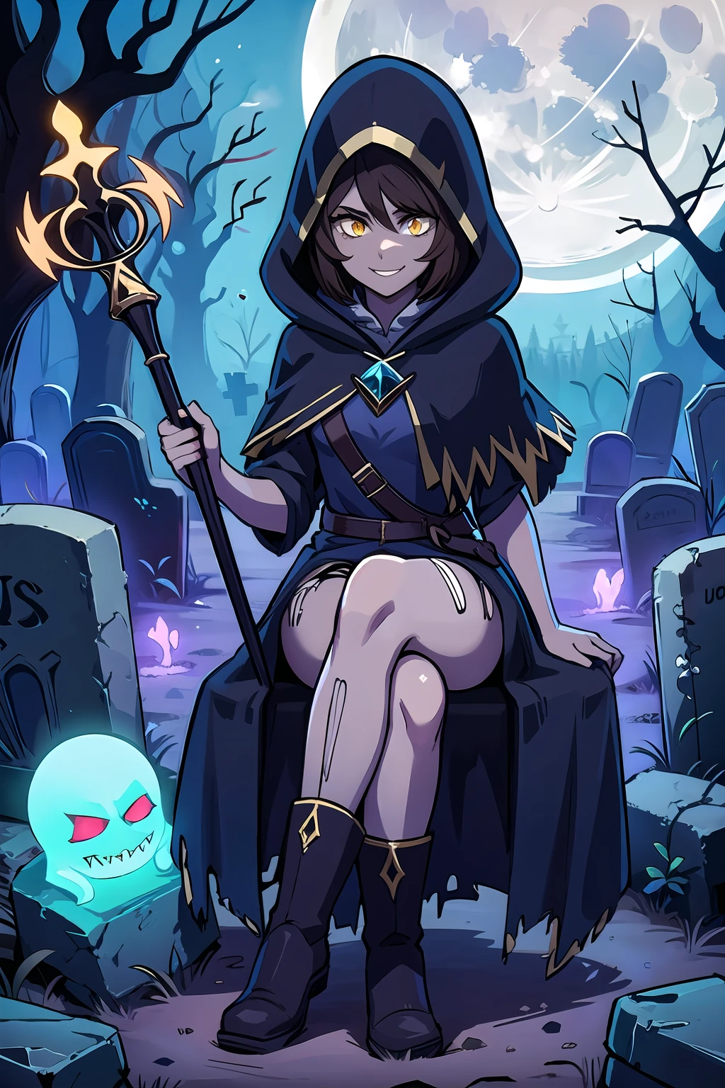 hires,high quality,best quality,1girl, dark skin, dark-skinned female, sitting on tombstone, medium hair, yellow eyes, brown hair,hood,dress,boots, jewelry, glowing mage staff with crystal, fantasy, mage outfit, necromancer, torn clothes, old clothes, dirty clothes,glowing eyes, smile, graveyard-background, flowers, glowing flowers, night ,graveyard, moon,  <lora:graveyard v1:1>, stone fence, stone walls, tombstones, ghost, eerie, ominous, forest, crossed legs, naughty smile,