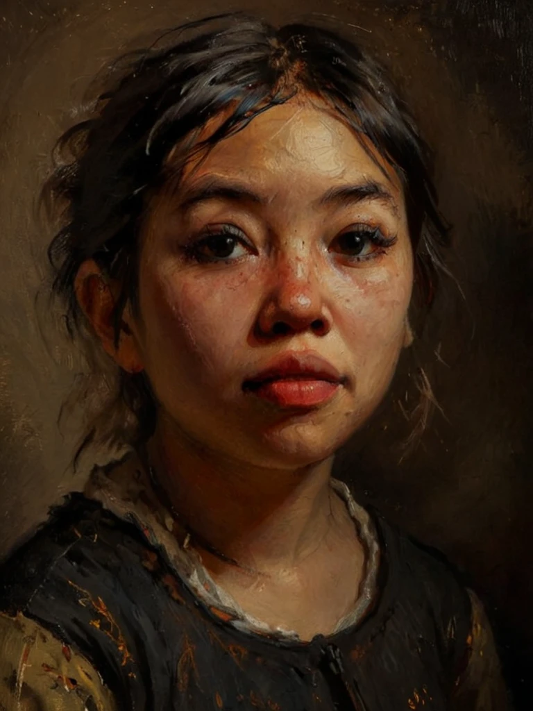 self portrait oil painting of young woman (beabadoobee), rembrandt dutch style, dark, dramatic, face looming out of shadow, <lora:beabadoobee-SDXL_v1:1> <lora:ClassipeintXL2.0:1>