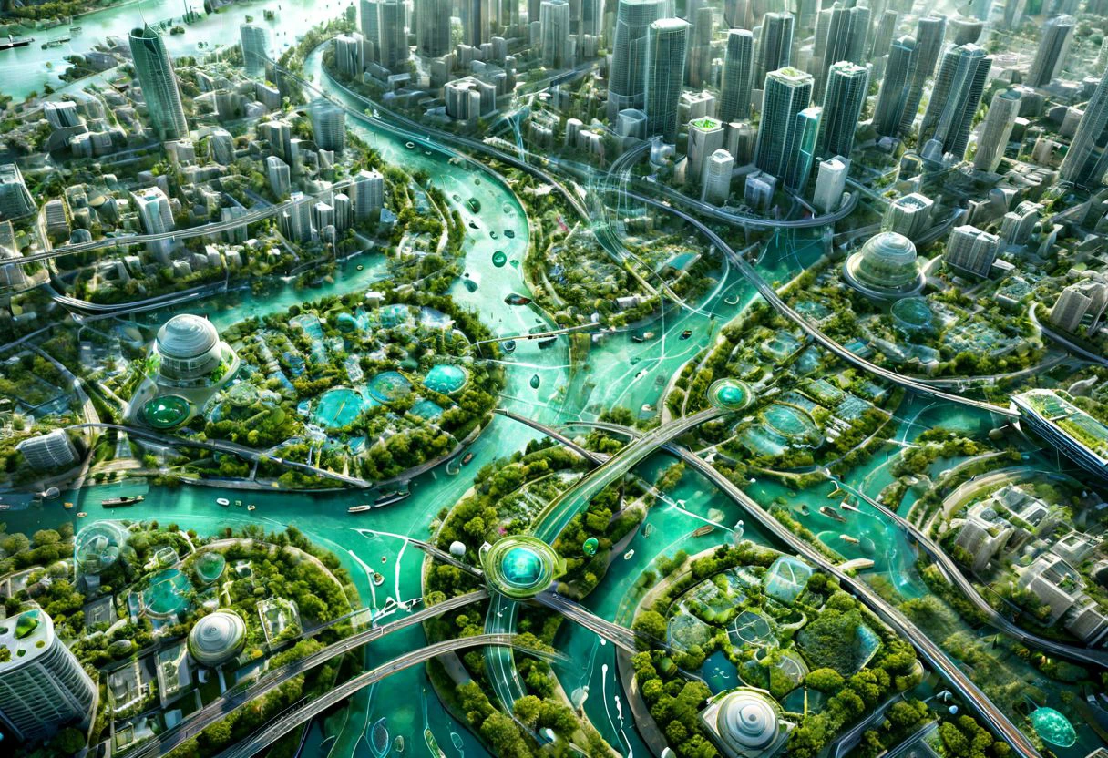 artaitwn, overhead view of downtown. Green zone planning project, illustrated, perfect, cute, water effects, highways. Bridges , giant Android guardian