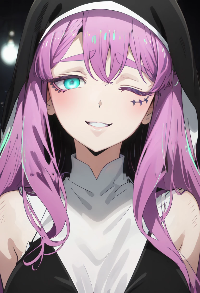 best quality, masterpiece, highres, solo, (sister_gigant_mahoushoujoniakogarete:1.10), smile, happy, one eye closed, portrait, looking at viewer, anime_style, 33 <lora:sister_gigant_mahoushoujoniakogarete:0.80>