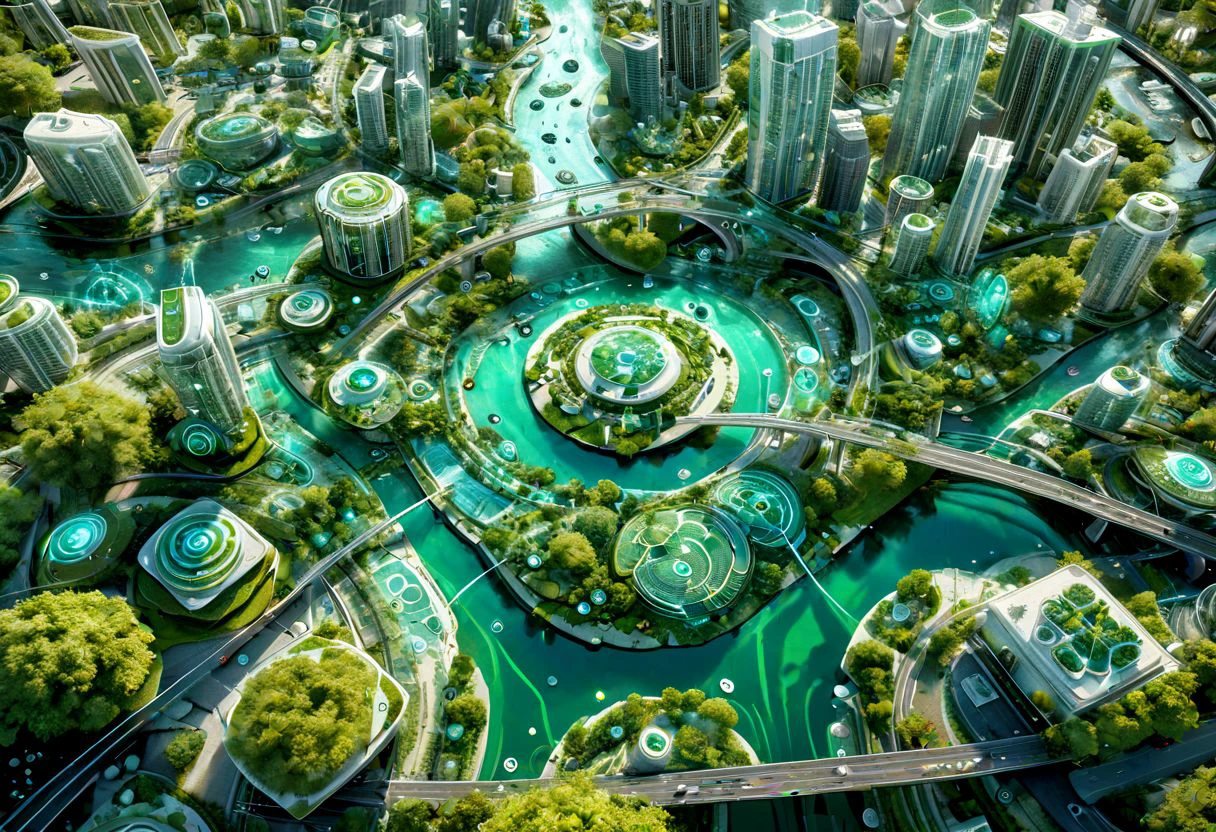 artaitwn, overhead view of downtown. Green zone planning project, illustrated, perfect, cute, water effects, highways. Bridges , giant Android guardian