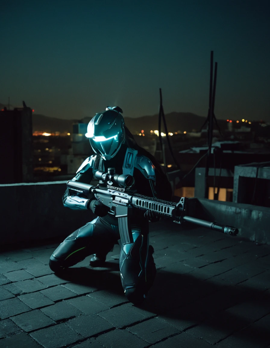 photograph CyborgCosplay, kneeling on a roof, head gear, sniper rifle, futuristic weapon, profil, taking aim, 50mm . cinematic 4k epic detailed 4k epic detailed photograph shot on kodak detailed cinematic hbo dark moody, 35mm photo, grainy, vignette, vintage, Kodachrome, Lomography, stained, highly detailed, found footage, CyborgCosplay, kneeling on a roof, head gear, sniper rifle, futuristic weapon, profil, taking aim, cinematic, atmosphere, designed, rich deep colors, vivid color, polished, intricate, detailed, sharp focus, beautiful light, open background, epic composition,, dramatic, full, ambient, highly coherent, symmetry, created, frank romantic, glowing