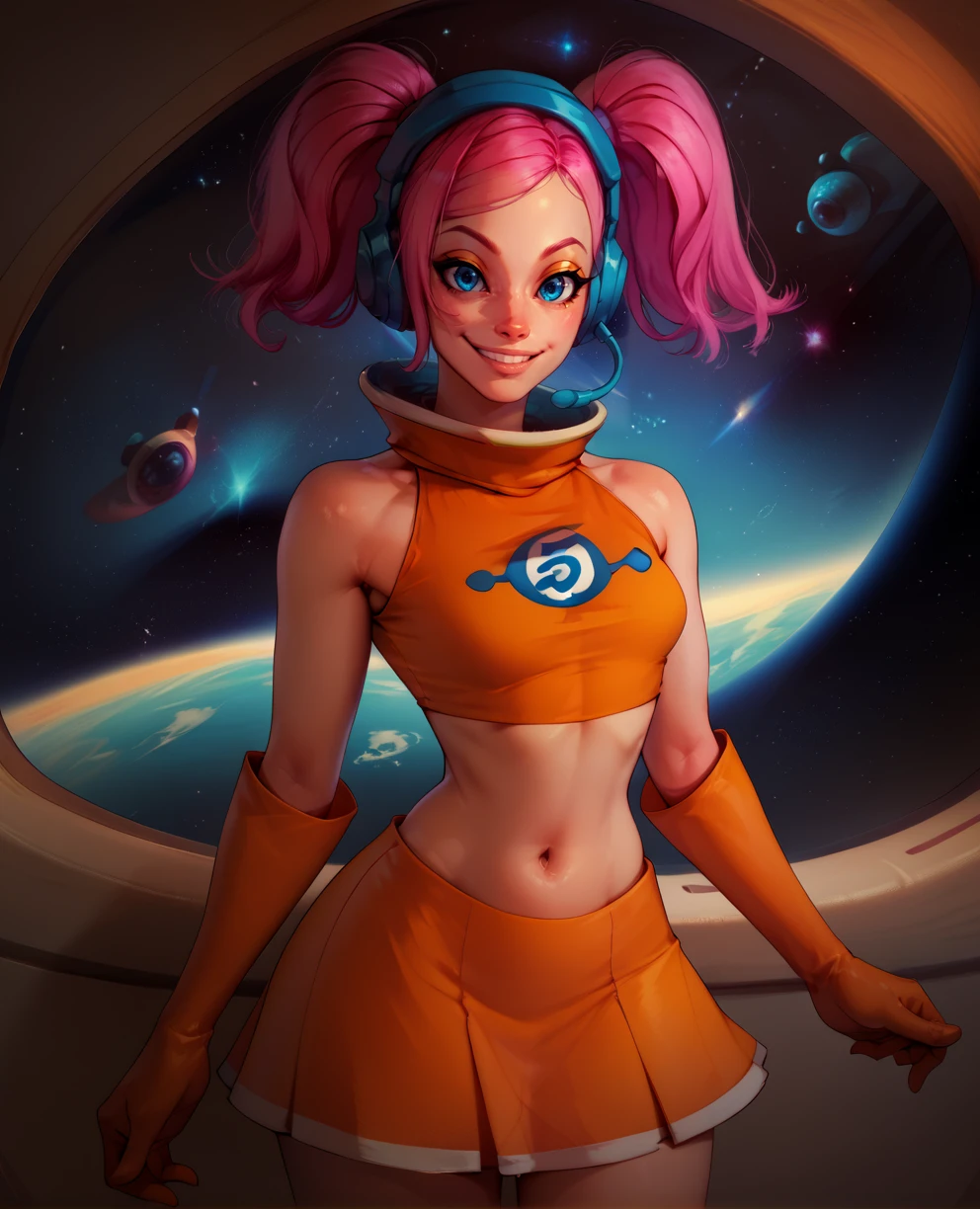 score_9,score_8_up,score_7_up,
ulala,pink hair,blue eyes,twintails,
orange top,navel,headphones,bare shoulders,orange elbow gloves,
smile,numbered shirt,
standing,navel,short orange skirt,
space,new station,window,
<lora:ulala:1>,