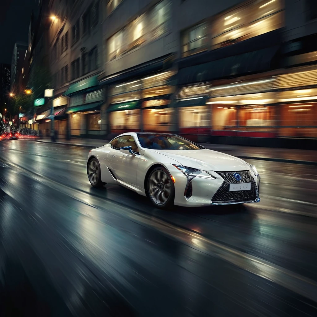 realistic photo of a white lexuslc car in the city, dark night, headlights on, lights on, motion blur, <lora:LexusLC_SDXL_v1:1> <lora:Dont_Stop_Me_Now:0.8>