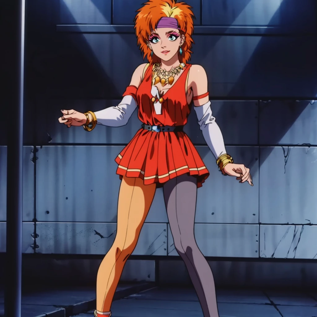 <lora:MZ2CindyArper001:0.7>,
solo,
MZ2CindyArper,1girl,orange hair,short hair,eyeshadow,aqua eyes,1980s (style),
headband,necklace,
dress,detached sleeves,
shorts,pantyhose,
full body,standing,