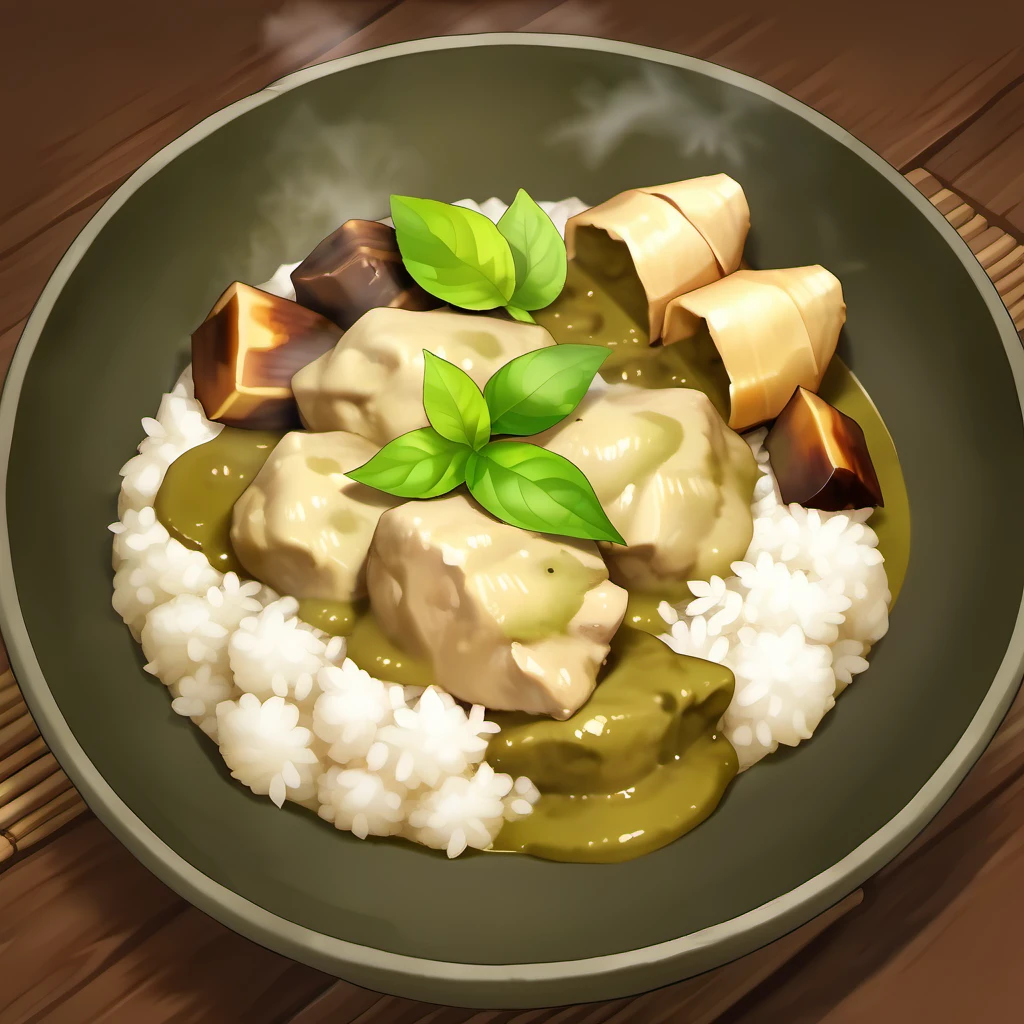Fs_Food,A bowl of aromatic green curry chicken with bamboo shoots and Thai basil, served with fragrant jasmine rice, simple background, <lora:food32901-000040:0.6>