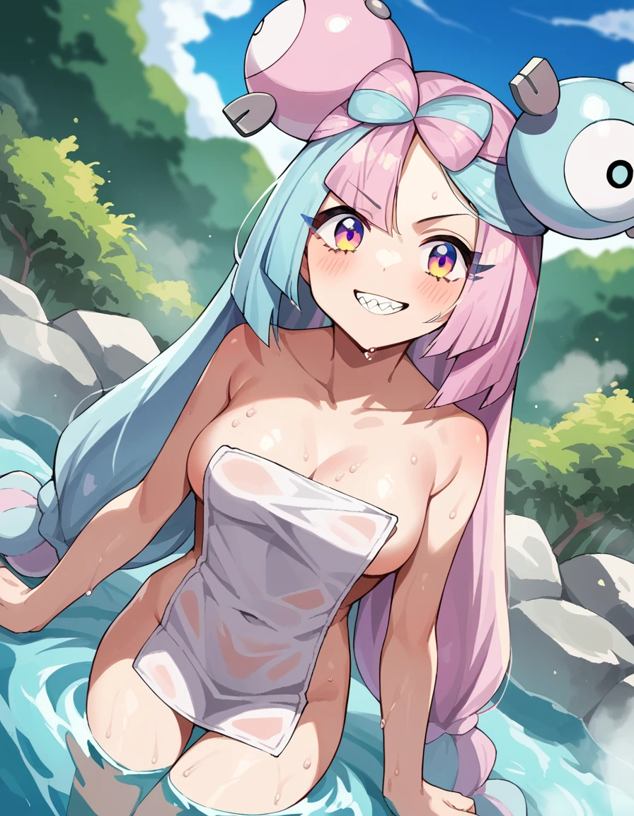 score_9, score_8_up, score_7_up, source_anime,
pokemoniono, <lora:pokemon-iono-ponyxl-lora-nochekaiser:1>
pokemon iono, blue hair, bow-shaped hair, character hair ornament, hair ornament, long hair, low-tied long hair, multicolored hair, pink hair, sharp teeth, split-color hair, twintails, two-tone hair, pink eyes, smile,
nude, naked,
outdoors, onsen, towel, naked towel, steam, bathing, nude cover, partially submerged, water, bath, steam censor, wet towel,
looking at viewer, cowboy shot, dutch angle,