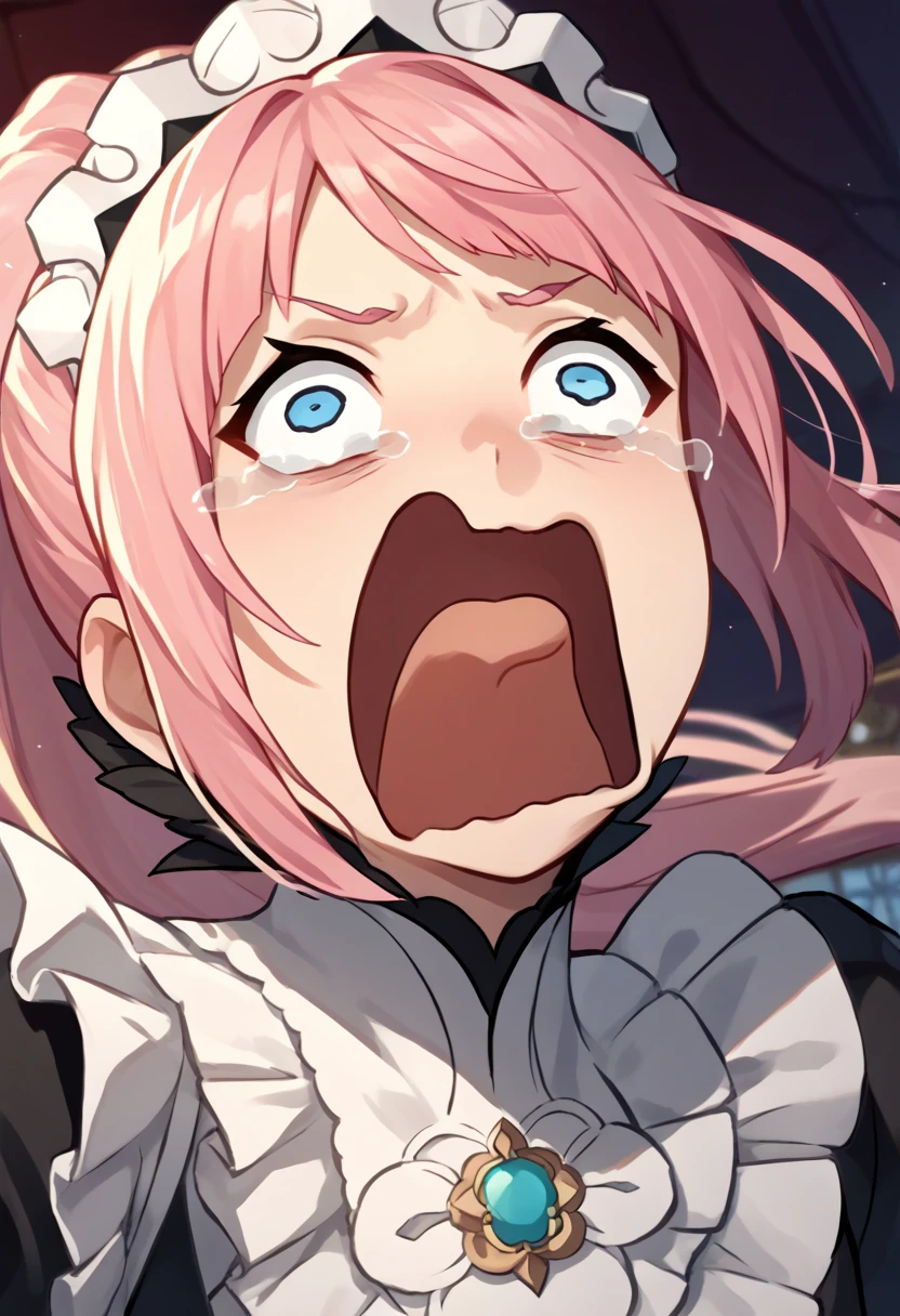 score_9, score_8_up, score_7_up, source_anime, solo, 1girl, feliciadef, screaming, open mouth, crying with eyes open, pink hair, ponytail, blue eyes, maid headdress, brooch <lora:concept_aquascreaming_ponyXL:1> <lora:felicia-fe-richy-v1_xl:1>