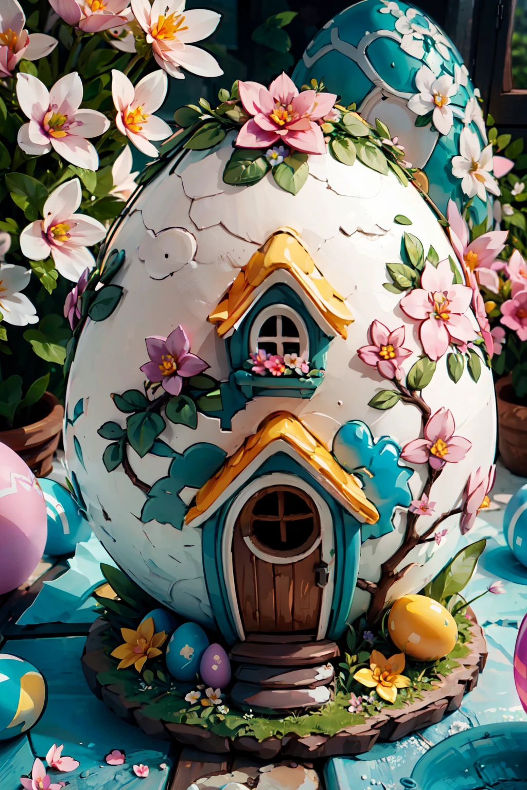 ((masterpiece,best quality)), absurdres, <lora:Easter_Egg_Home:0.7>, Easter Egg Home, (outdoors:1.2), flower, window, pink flower, door, purple flower, orange flower