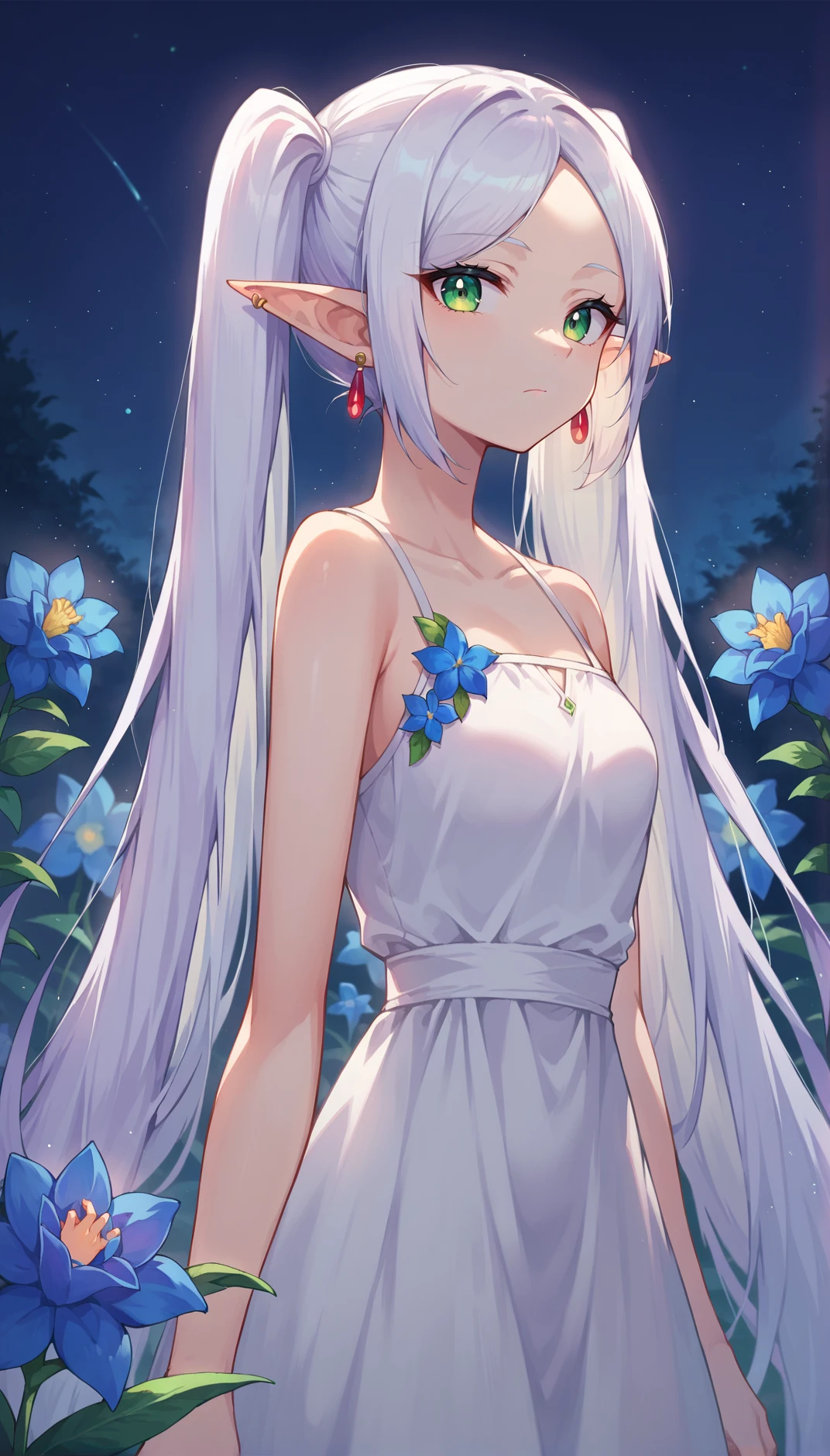 score_9, score_8_up, score_7_up, score_6_up, masterpeice, BREAK
source anime, nereirfpnxl, frieren, 1girl, solo, pointy ears, green eyes, twintails, very long hair, earrings, white dress, closed mouth, parted bangs, white hair,  blue flower, night, bioluminescence, moonlight, backlighting