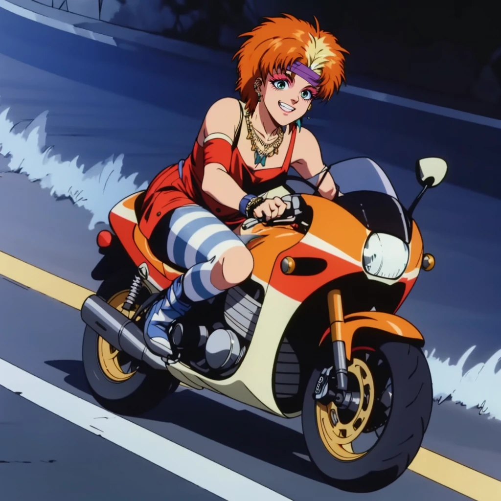 <lora:MZ2CindyArper001:0.7>,
solo,
MZ2CindyArper,1girl,orange hair,short hair,eyeshadow,aqua eyes,1980s (style),
headband,necklace,
dress,detached sleeves,
shorts,pantyhose,striped pattern,
full body,motor cycle,riding,motion lines,motion_blur,speed_lines,grin,