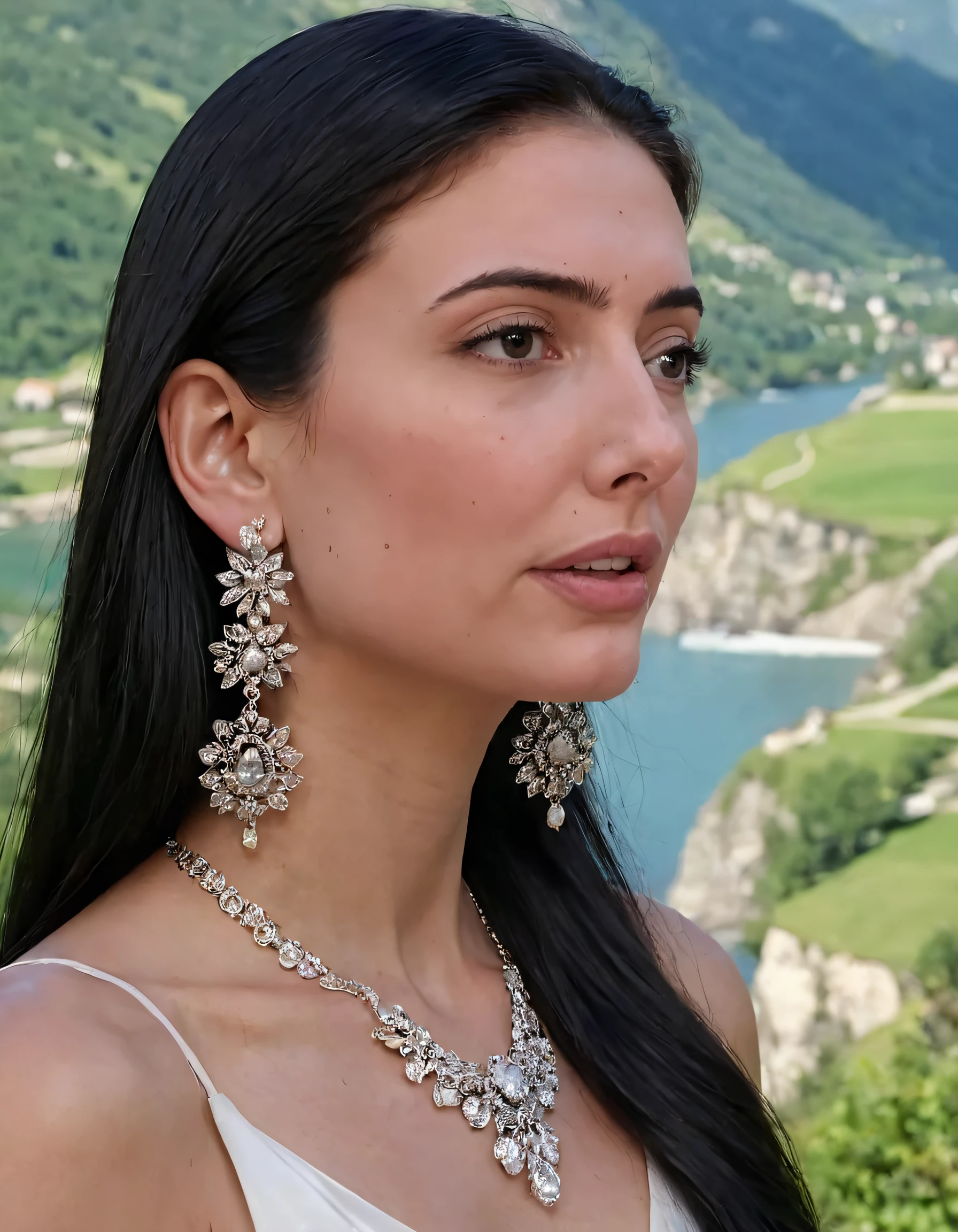 Capturing the essence of this woman, her long cascading black hair framed with elegant earrings and exquisite jewelry, she stands resplendent against the picturesque backdrop of a serene gabschase setting, making it an unforgettably realistic photograph. <lora:vlhiyk18e8f3577e5j2e:1>
