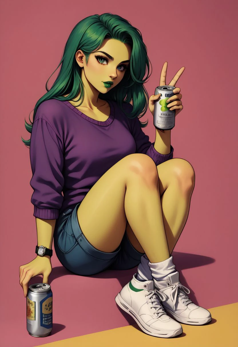 score_9, score_8_up, score_7_up, score_6_up, pptlszxl, 1girl, can, cleavage, colored skin, full body, green hair, green lips, green skin, holding, long hair, looking at viewer, purple shirt, purple sweater, shirt, shoes, shorts, sitting, sneakers, socks, solo, sweater, v-neck, watch, white footwear, wristwatch, pop art, halftone printing, retro art style