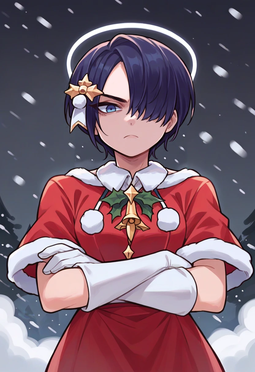 score_9, score_8_up, score_7_up, source_anime, christmas, solo, 1girl, htarchangel, expressionless, looking at viewer, crossed arms, hair over one eye, halo, fur-trimmed dress, red dress, white gloves, snowing, outdoors <lora:helltaker_archangel_ponyXL:1>