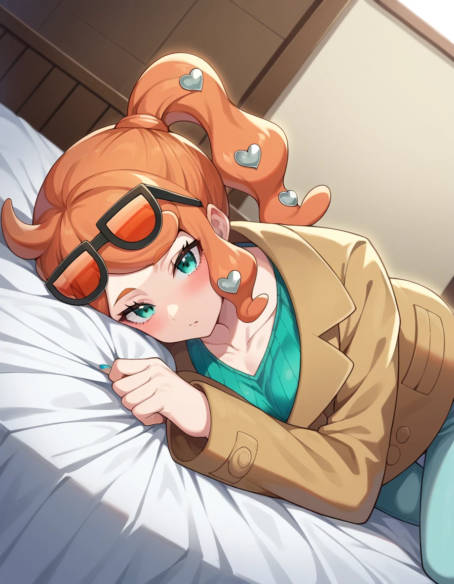 score_9, score_8_up, score_7_up, source_anime,
pokemonsonia, <lora:pokemon-sonia-ponyxl-lora-nochekaiser:1>
pokemonsonia, aqua eyes, heart, heart hair ornament, long hair, long sleeves, orange hair, side ponytail, swept bangs,
aqua footwear, aqua nails, aqua shirt, brown coat, brown jacket, coat, collarbone, eyewear on head, jacket, long sleeves, orange-tinted eyewear, pants, ribbed shirt, shirt, sunglasses, tinted eyewear,
indoors, bed, bed room, on side, blush, drunk,
looking at viewer, cowboy shot, dutch angle,
