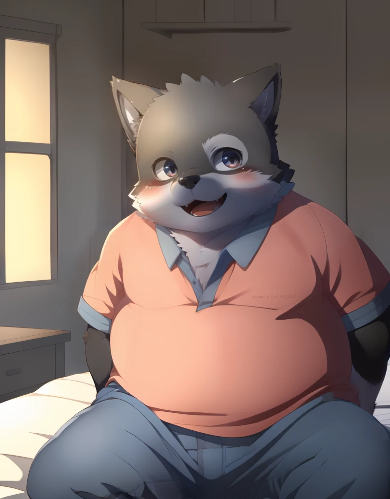 Gray puppy,Sitting in the bedroom,Spread your legs,Leaning on the bed,cute,overweight,wearing blue t-shirt