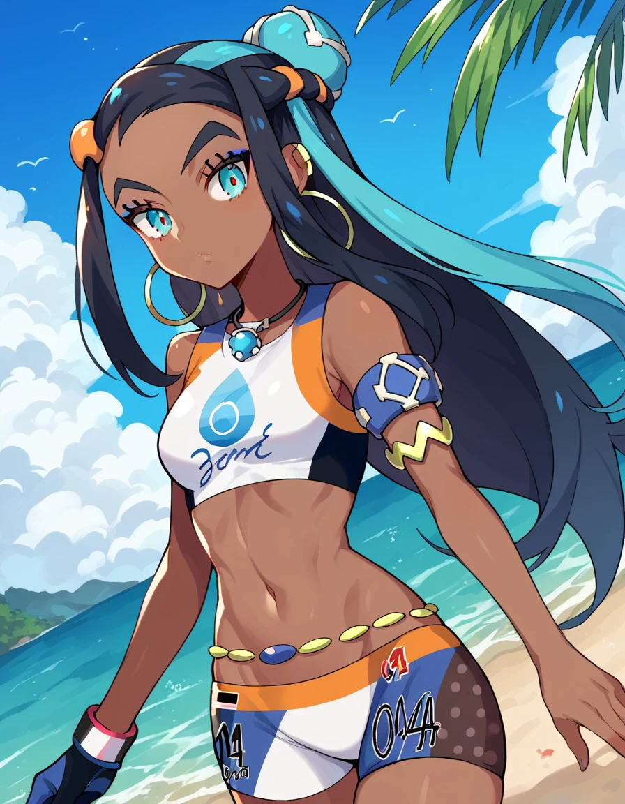 score_9, score_8_up, score_7_up, source_anime,
pokemonnessa, <lora:pokemon-nessa-ponyxl-lora-nochekaiser:1>
pokemonnessa, aqua eyes, eyeshadow, dark skin, dark-skinned female, hair bun, hair ornament, makeup, long hair, sidelocks, single hair bun, thick eyebrows, black hair, aqua hair, streaked hair,
armlet, bare arms, belly chain, bike shorts, bikini, crop top, earrings, gloves, half gloves, hoop earrings, jewelry, midriff, navel, necklace, short shorts, shorts, swimsuit, tankini,
outdoors, beach,
looking at viewer, cowboy shot, dutch angle,