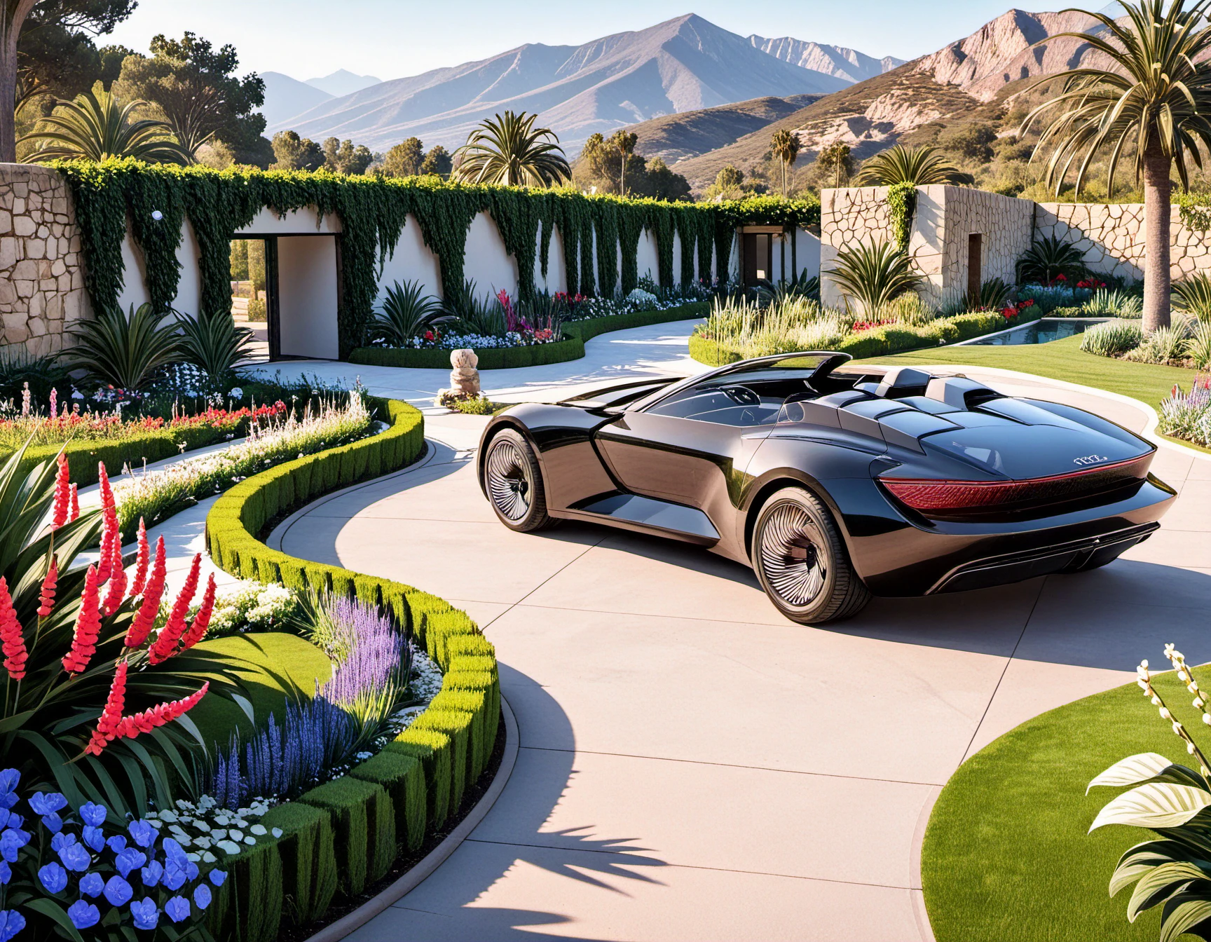 Audi, The image features a black sports car with a convertible top parked, This is a black sports car, possibly a convertible, parked in a driveway surrounded by a well-maintained garden with bushes and flowers. The car is positioned on a curvy road, adding to the overall aesthetic of the scene. The driveway appears to be located in a mountainous area, creating a picturesque and serene environment.