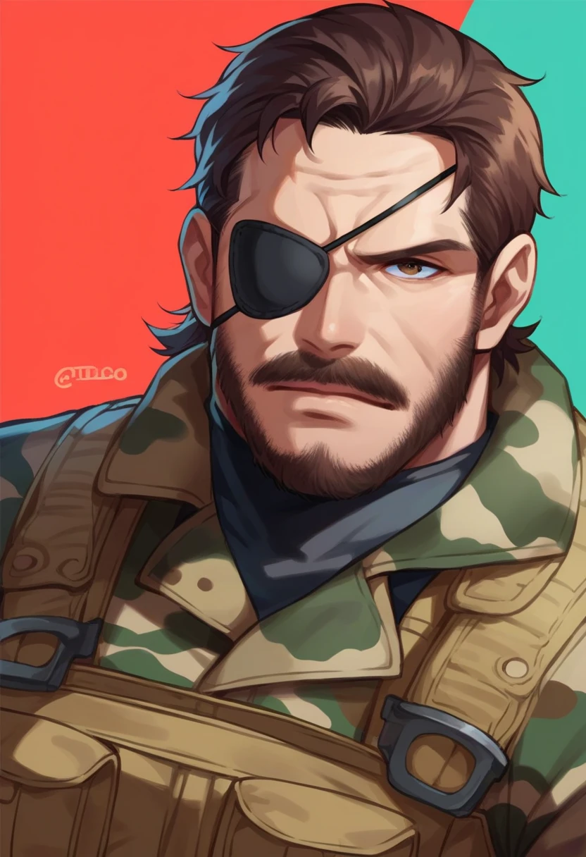 score_9, score_8_up, score_7_up, score_6_up, score_5_up, score_4_up, BREAK, source_anime, 1boy, big boss, eyepatch, 1boy, metal gear \(series\), cigar, eyepatch, male focus, solo, facial hair, beard, brown hair, mustache, upper body, camo, fatigues, outdoors, recon
<lora:big_boss_v1:0.8>