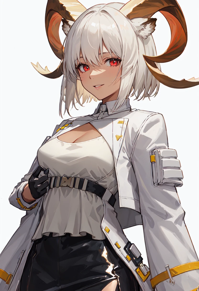 best quality, masterpiece, highres, solo, (carnelian_arknights:1.10), 1girl, long sleeves, looking at viewer, smile, white jacket, white shirt, black gloves, white background, simple background, black skirt, open jacket, cleavage, medium breasts, parted lips, half gloves, cowboy shot, miniskirt, upper body, white coat, 1 <lora:carnelian_arknights:0.80>