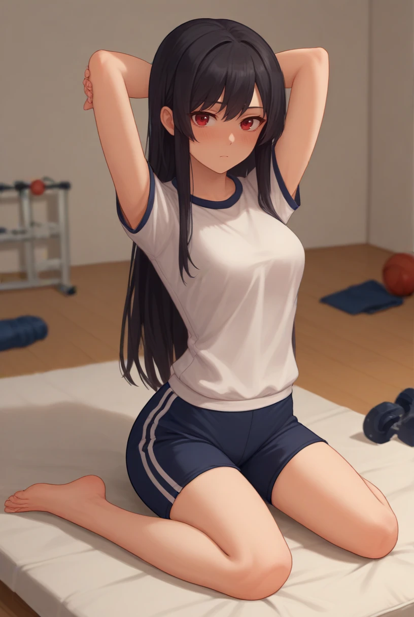 score_9, score_8_up, score_7_up, source_anime, 1girl, looking at viewer, cowboy shot,
<lora:AkamePdxlDwnsty-000007:1>, red eyes, long hair, black hair, gym uniform, gym shirt, gym shorts, stretching, 
medium breasts, sitting, on bed, blush,
indoors, gym, weights,