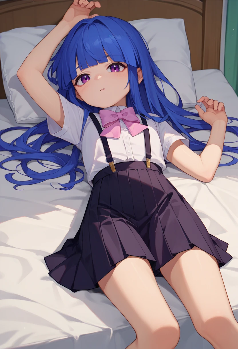 blue leggings,loli,sailor,dress,cute,lying,,purple hair,long hair,,shy,medium breasts