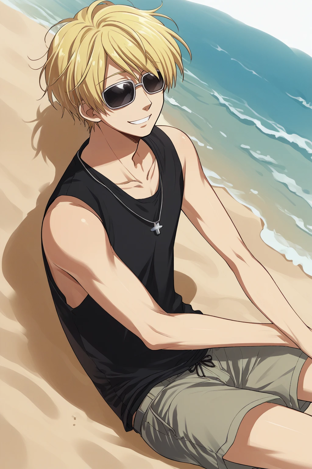 score_9, score_8_up, source_anime, 1boy, male focus, solo, <lora:NSFinlandHetalia:1>  NSFinlandHetalia, blonde hair, shades, messy hair, smile, sleeveless, black t-shirt, shorts, sunny day, sand, beach