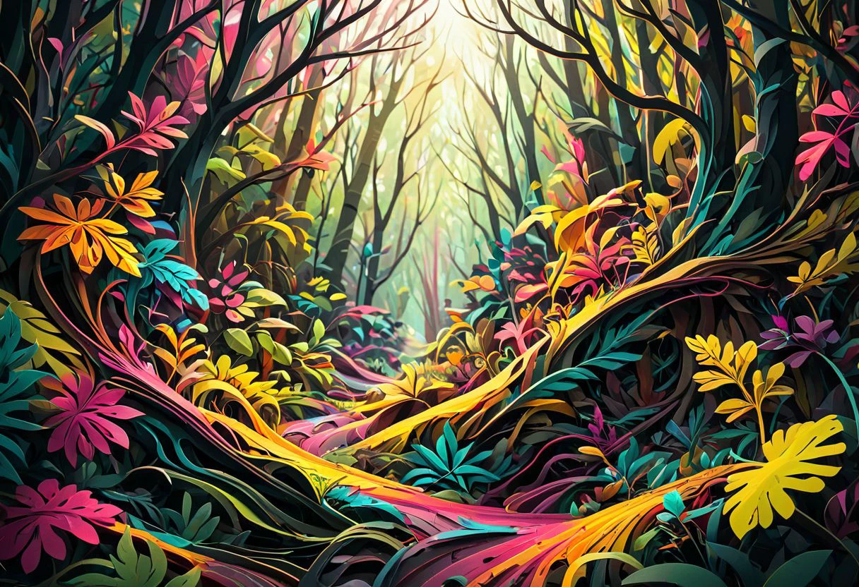 artpkplnt, colorful illustration, forest, 4k, uhd, masterpiece, Artpprct, in the style of papercutting