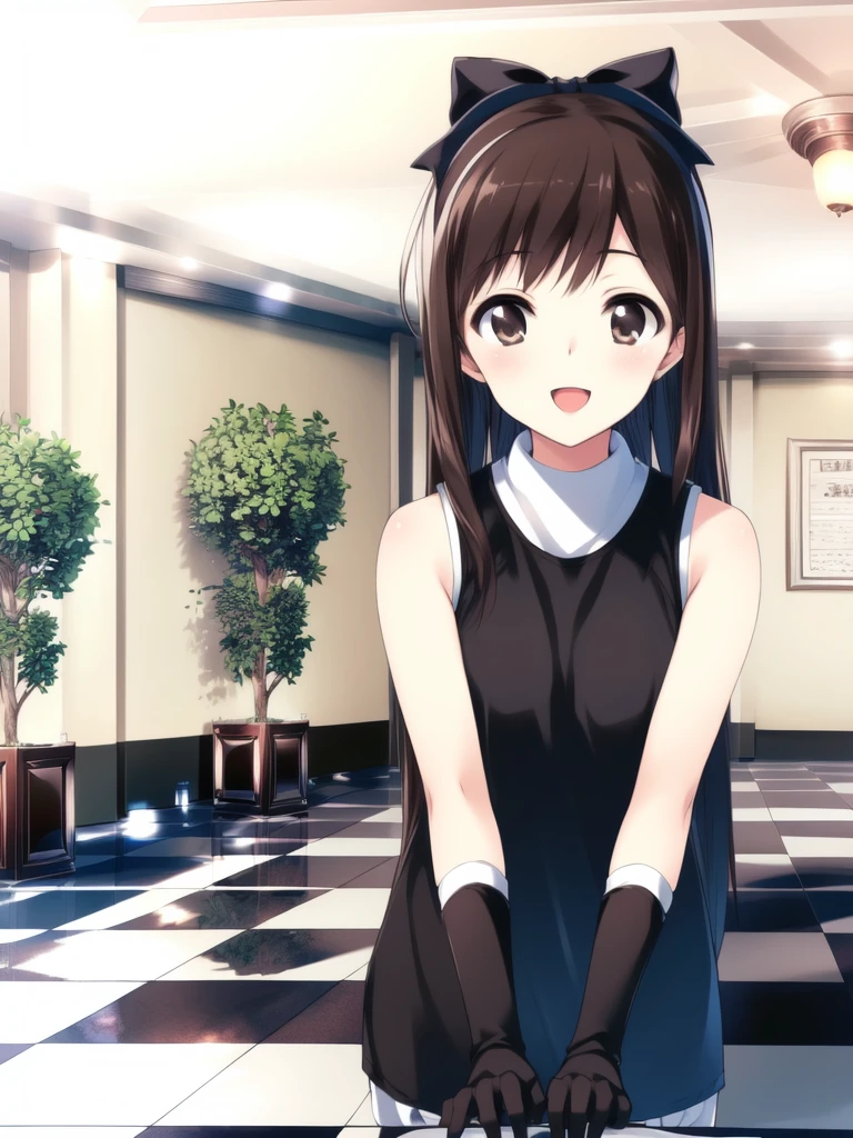 <lora:Morikawa_Yuki:0.8>, MorikawaYuki, 1girl, soro, long hair, brown eyes, black hair, brown hair, hairband, bangs. white
checkered floor, black gloves, open mouth, smile, bow, hair bow, sleeveless, plant, black eyes, indoorsã
masterpiece, high quality, very_high_resolution, large_filesize, full color,