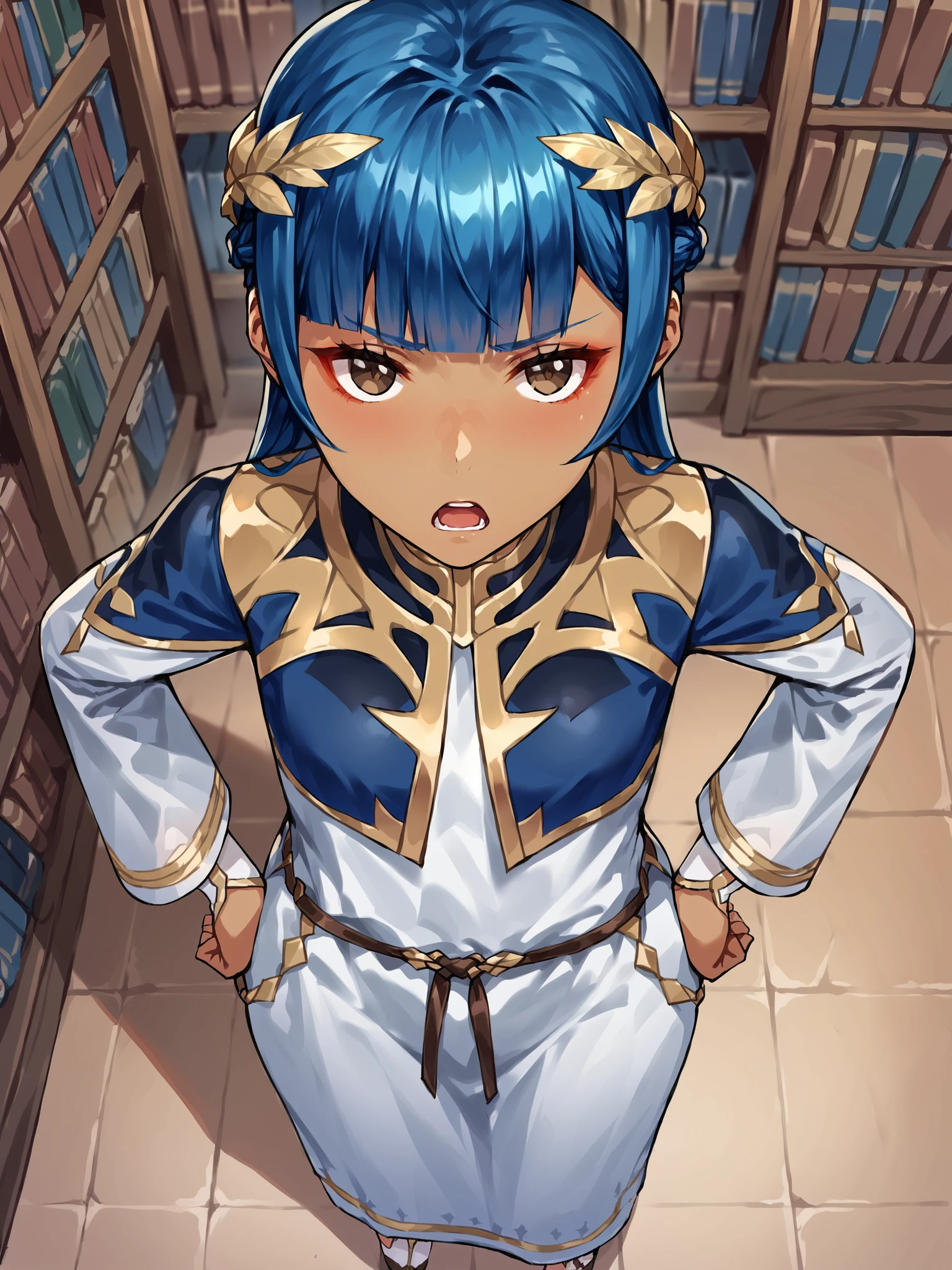 score_9, score_8_up, score_7_up, score_6_up, source_anime, BREAK
1girl, solo, <lora:Genshin_NPC_Setaria_Pony_v1:0.8>, (beautiful scenery, ultra-detailed, library, indoors:1.3), cute, pretty, detailed face, detailed eyes, dark-skinned female,blue hair, blunt bangs, long hair, brown eyes, makeup, crown braid, laurel crown, (long dress:1.5), (capelet:1.3), belt, (long sleeves:1.1), gold trim, bridal gauntlets, long hair, standing, (sandals:1), (side slit dress:1), (exposed thigh, bare leg:1), thin waist, (wide hips:1.3), hands on hips, (pov:1.3), annoyed, lecturing, open mouth, (from above:0.5), (upper body, closeup, portrait:1.5)