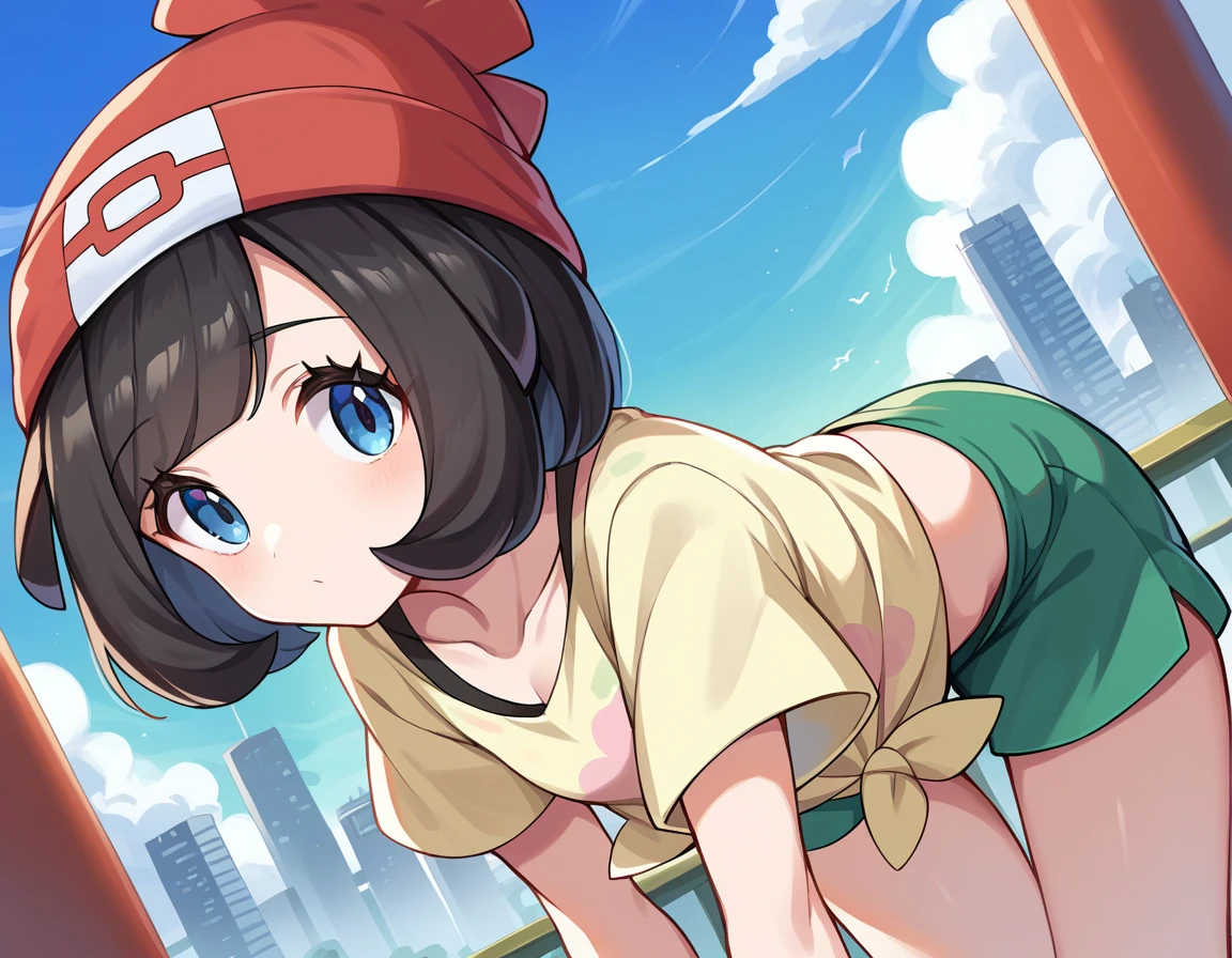 score_9, score_8_up, score_7_up, source_anime,
pokemonselene, <lora:pokemon-selene-ponyxl-lora-nochekaiser:1>
pokemonselene, black hair, blue eyes, short hair, bangs, blunt bangs,
beanie, collarbone, green shorts, hat, red headwear, shirt, short sleeves, shorts, tied shirt, yellow shirt,
outdoors, cityscape, bent over,
looking at viewer, cowboy shot, dutch angle,