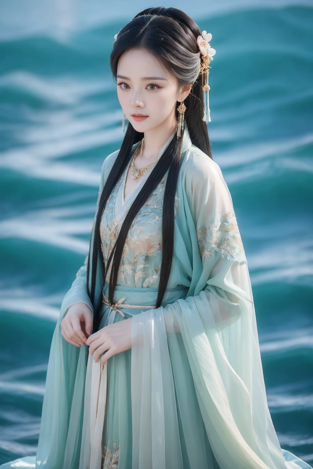 <lora:AgainChineseClothes_v1:1>,AgainChineseClothes_v1, 1girl, black hair, chinese clothes, closed mouth, dress, earrings, hair ornament, hanfu, jewelry, long hair, long sleeves, looking at viewer, necklace, realistic, sash, see-through, solo, upper body, water,