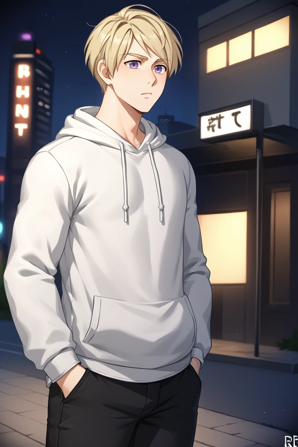 score_9, score_8_up, source_anime, 1boy, male focus, solo, <lora:NSFinlandHetalia:1>  NSFinlandHetalia  purple eyes, blonde hair, white hoodie, hands in pockets, outdoors, night, city, black background, black pants, rude expression