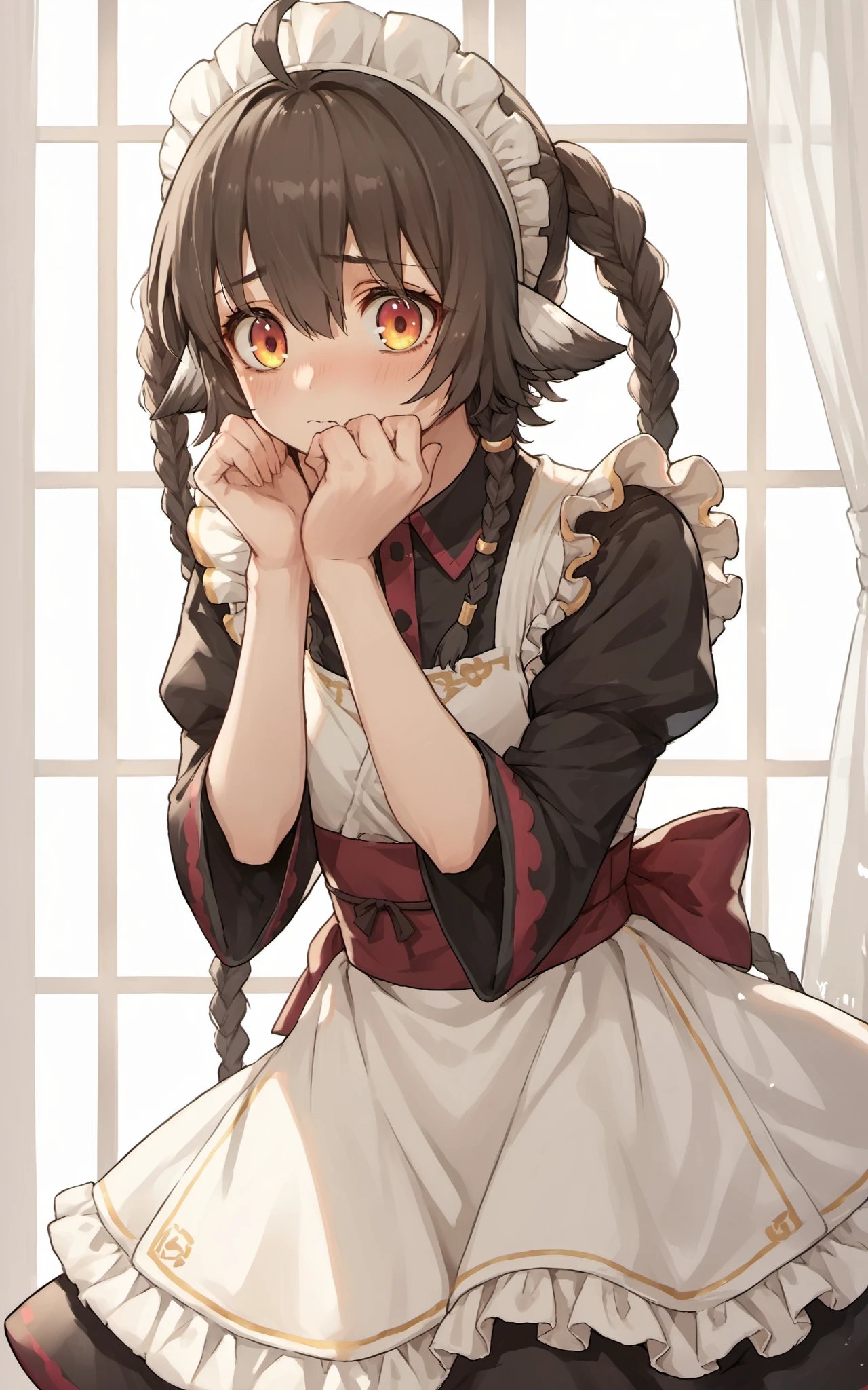 score_9,score_8_up,score_7_up,score_6_up,score_5_up,score_4_up,source_anime,1girl,<lora:anjuutawarerumono_pony:0.8>,anju \(utawarerumono\),anju_maid, maid, shy