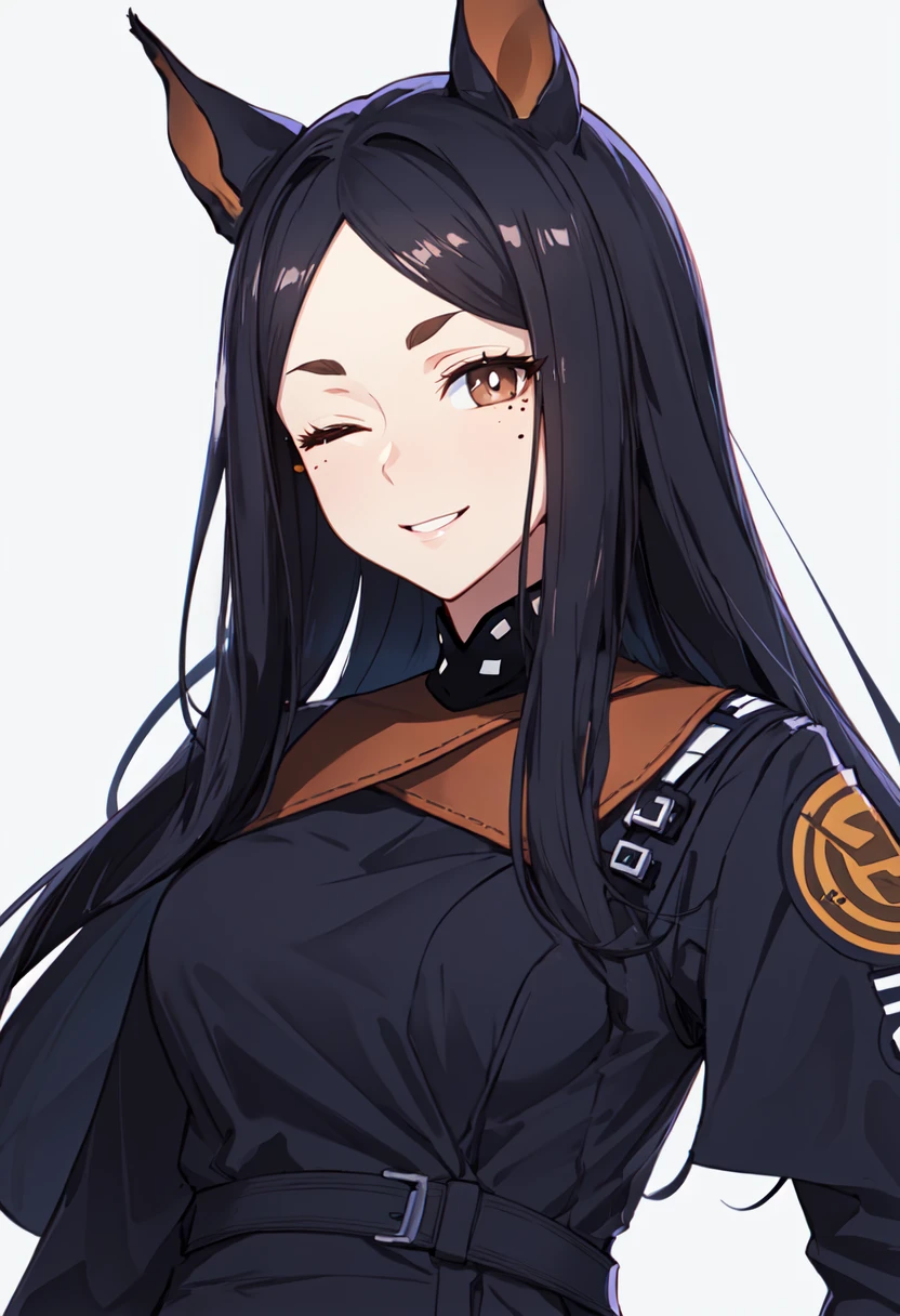 best quality, masterpiece, highres, solo, (dobermann_arknights:1.10), smile, happy, one eye closed, portrait, looking at viewer, 31 <lora:dobermann_arknights:0.80>