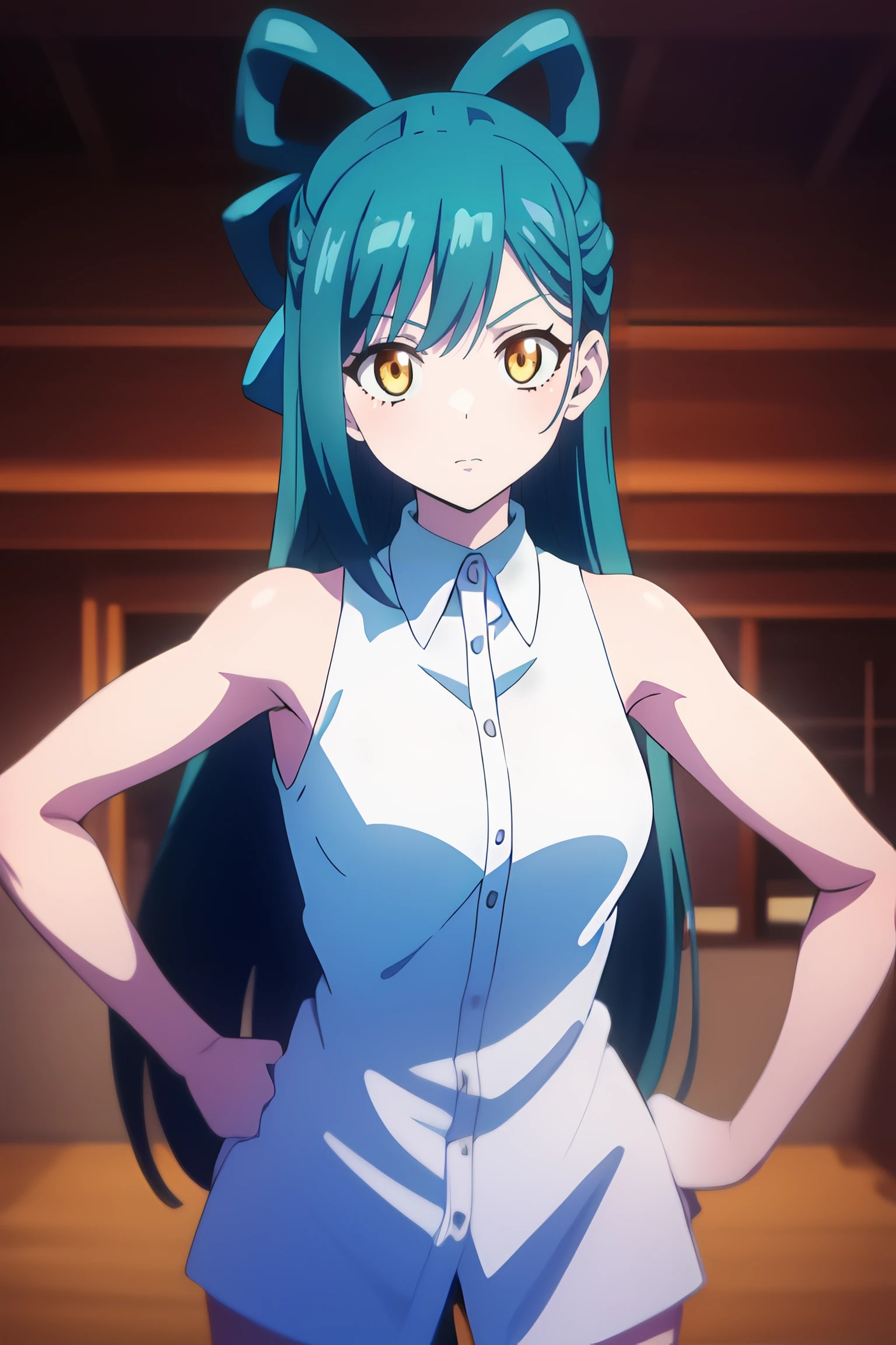 <lora:Himari Azuma:0.7> himari azuma, long_hair, yellow_eyes, blue_hair, 1girl, solo, hair_rings, bangs,  white_shirt, hair_bow,  sleeveless, collared_shirt, sleeveless_shirt, cowboy shot,, best_quality, highres, extremely_detailed, anime perfect detailed style, 8k, masterpiece, anime art style, anime coloring,